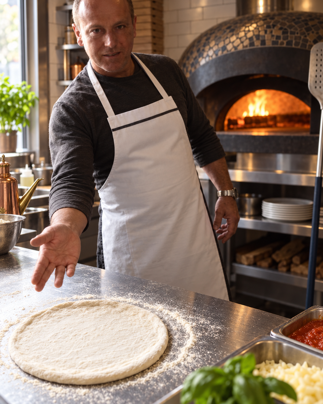 Pizzaiolo Pizza Le Nomade présentant une pâte artisanale